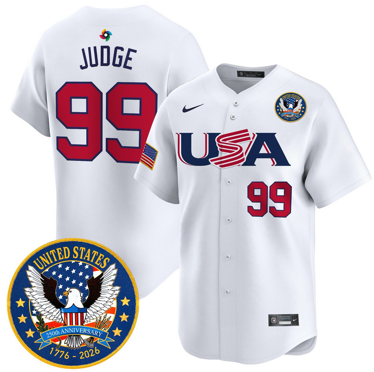 Men Team USA World Baseball Classic 250th Anniversary #99 Judge white 2026 Roster Patch Vapor Jersey->->